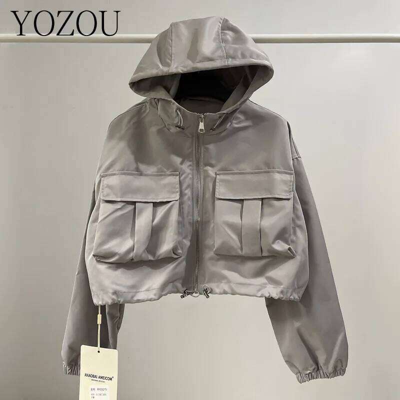 Autumn Pink Drawstring Hooded Cargo Jackets Zipper Coat with Pockets Women Top Windbreaker