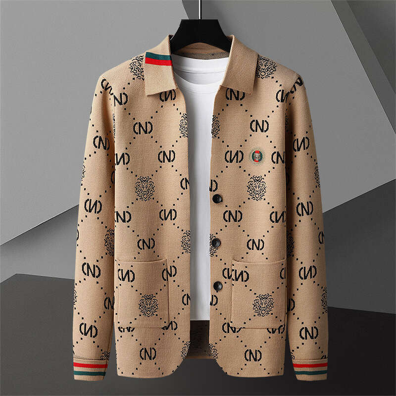 High-end knitted cardigan men's spring and autumn trend jacquard lapel sweater coat fashion jacket casual men's tops