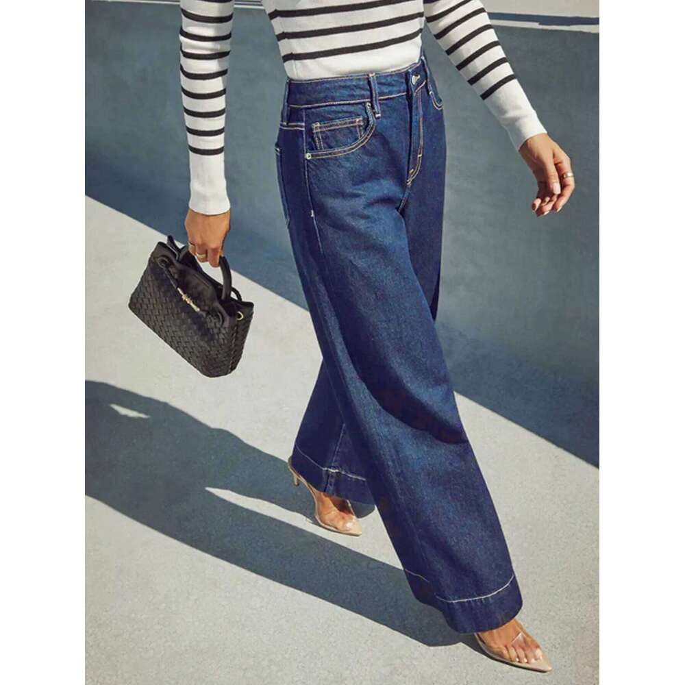 2025 New Summer Women's High Waist Wide Leg Jeans - Classic dark blue washed stretch jeans with button fly for an elegant style.