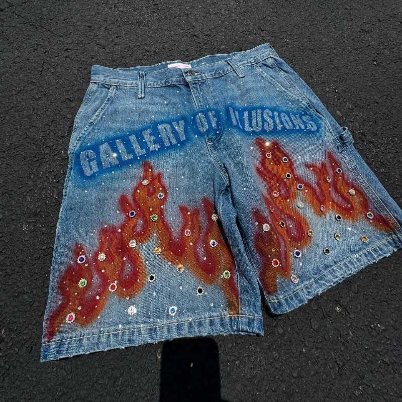 Y2K Vintage Distressed Jeans Flame Pattern Rhinestone Decoration High Waist Denim Shorts Fashion Men Women Hip Hop Streetwear Y250814