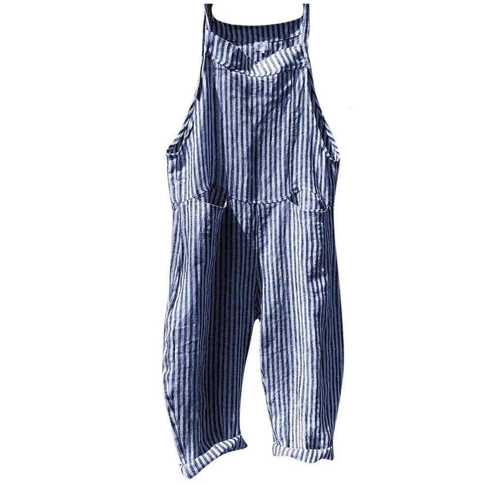 Casual Striped Overalls Korean Style Women's Summer Loose Fit Suspenders Jumpsuits Contrast Color Wide Leg Pants With Pockets