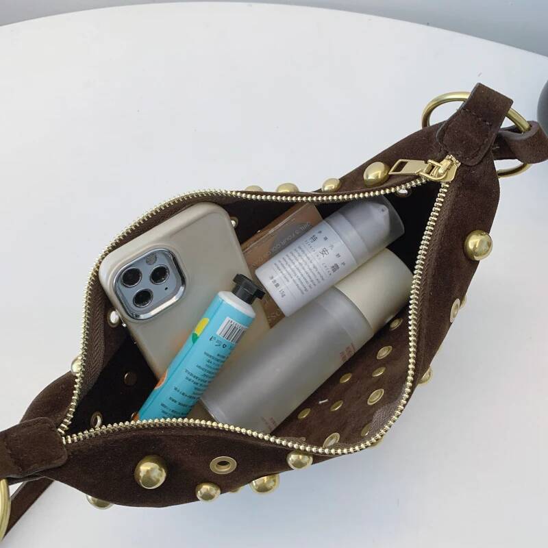 MOODS Branded Half-Moon Shoulder For Women Faux Suede Rivets Decor Crossbody Hobo Bags 2025 Latest Designer Handbags