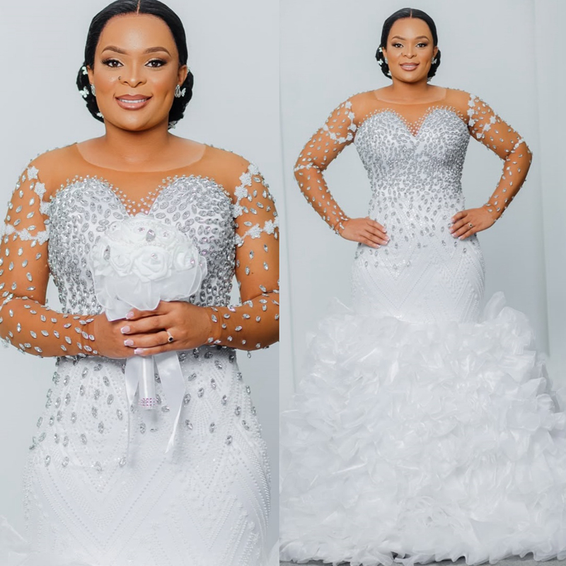 Arabic Aso Ebi Plus Size Off White Mermaid Wedding Dresses 2025 Pearls Beaded Floral Lace Luxurious Vintage Bridal Gowns Dress D596