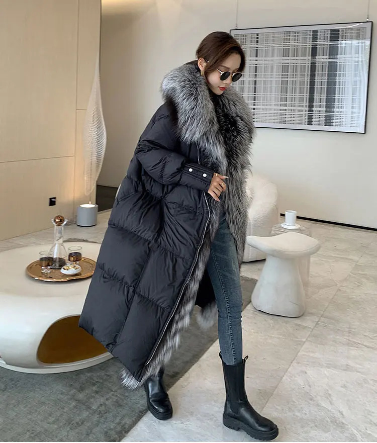 Winter Coat Women Goose Down Jacket Long Thick Warm Oversized Fox Fur Collar Fashion Outerwear Streetwear 250811
