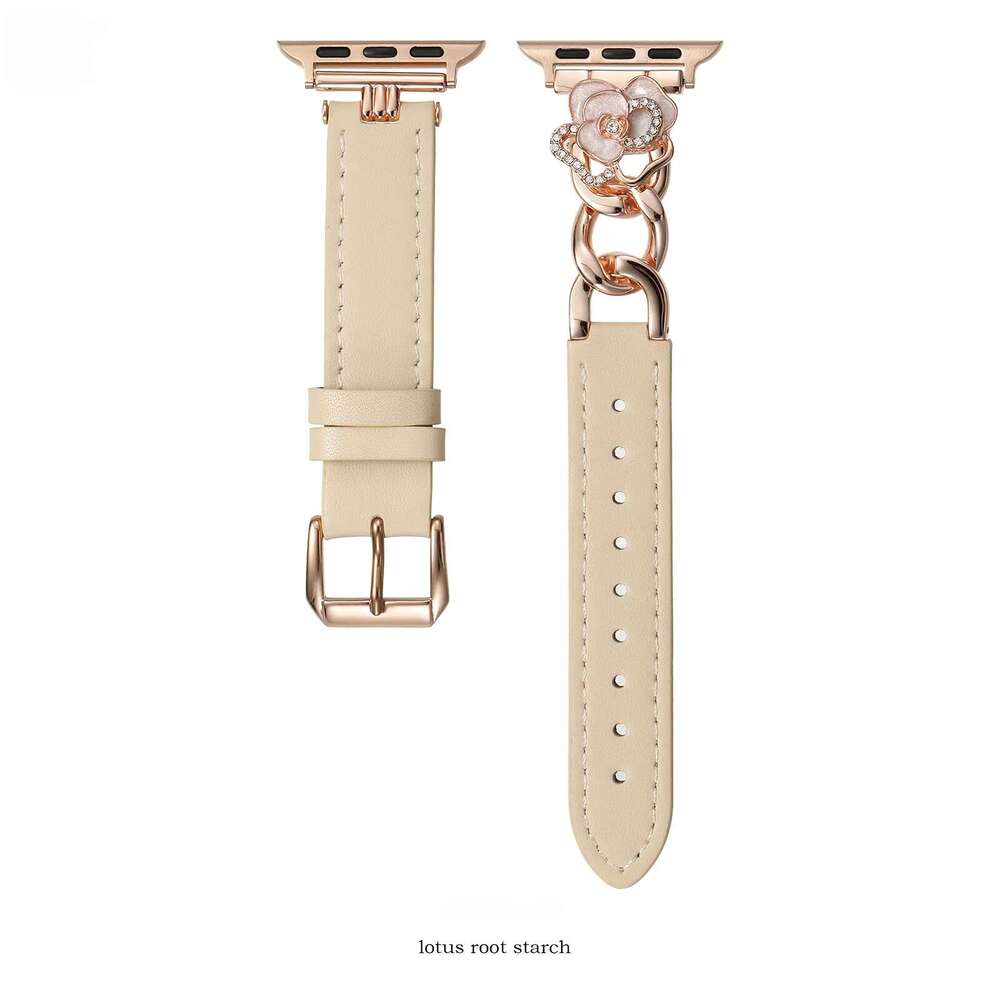 DHgargets Camellia Leather Band for Apple Watch - Genuine Cowhide Strap with Metal Flower Charm (6 Colors, All Sizes)