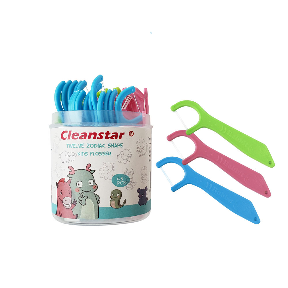 12 Chinese Zodiac Children's Dental Floss Sticks, 48-Piece Canister, Colorful Dental Floss Sticks, Plastic Dental Floss