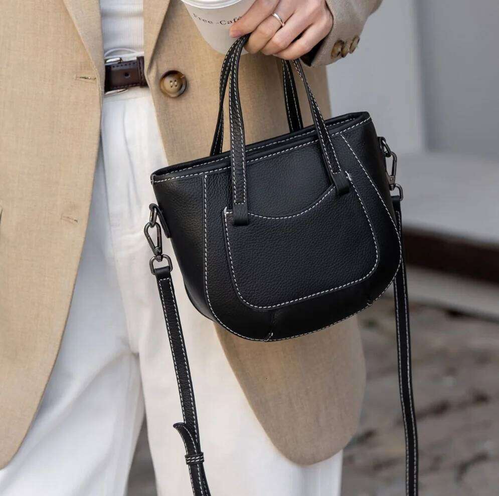 2025 New Fashion Mini Bucket Tote Handbag Women Cowhide Genuine Leather Shopping Slant Travel Vintage Bag 250815