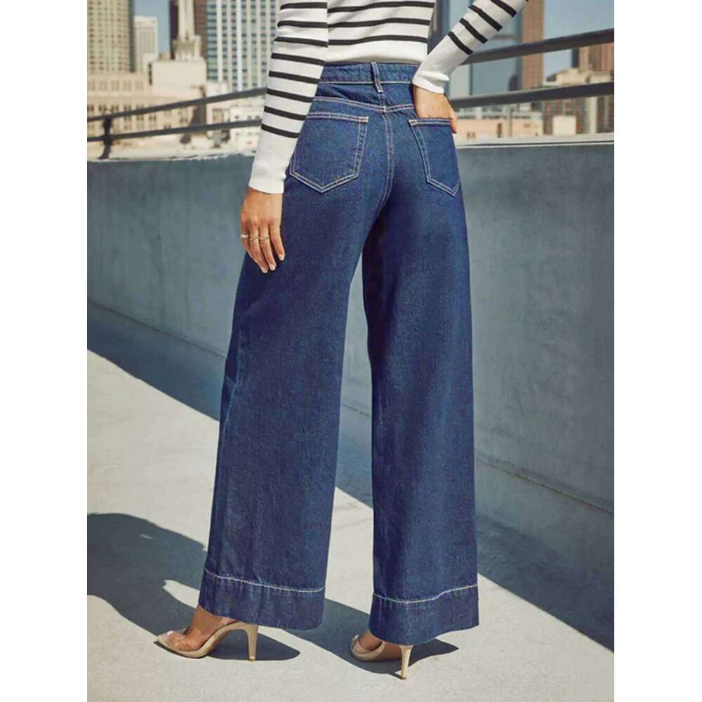 2025 New Summer Women's High Waist Wide Leg Jeans - Classic dark blue washed stretch jeans with button fly for an elegant style.