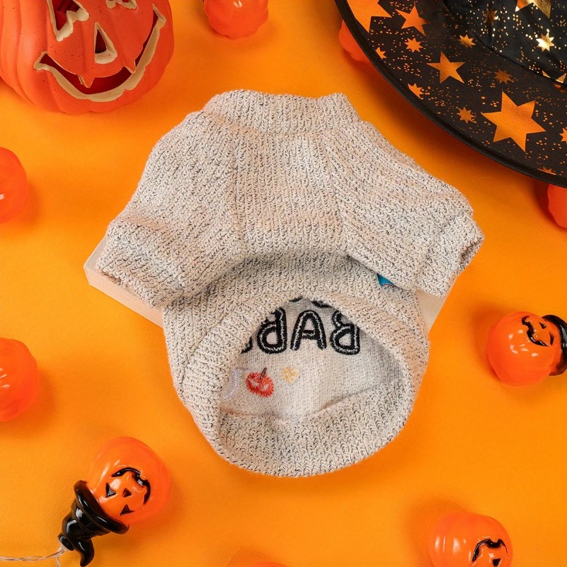 Pumpkin Ghost Halloween Crew Neck Pet Clothes Dog Cat Light Grey Funny English Embroidery Pullover Traction Jacket