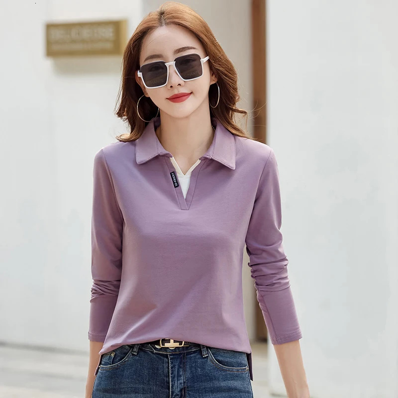 Korean Autumn Woman Polo Neck Shirt Cotton Solid Color Long Sleeve TShirt Patchwork Womens Shirts For Women 250814
