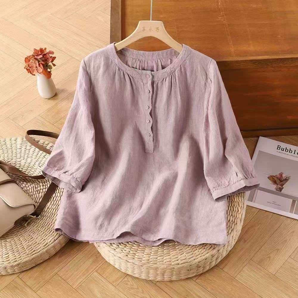 K2102 Retro cotton and linen shirt women's five-quarter sleeve spring and summer new pure cotton blouse loose belly-covering top mother's la