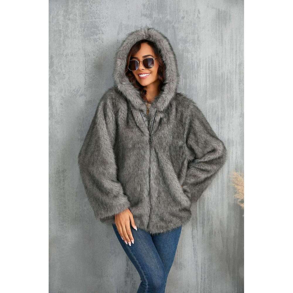 Women's Clothing Solid Color Loose Hooded Short Fur Collar Coat Warm Winter Wear 20250815