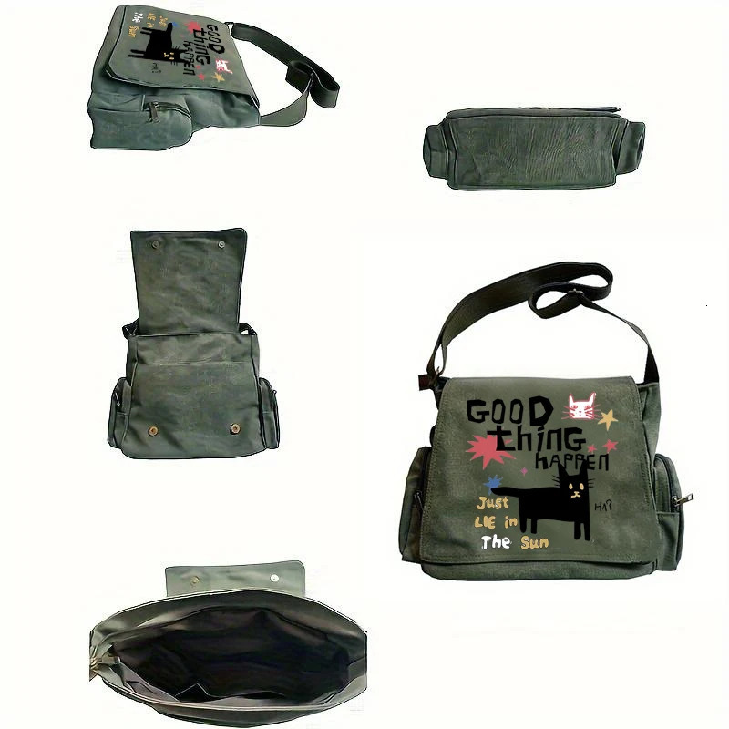 Playful Pattern Womens Bag Multiple Pockets Green Canvas Messenger Bag Zipper Hasp Shoudler Bag For Women Commuting 250809