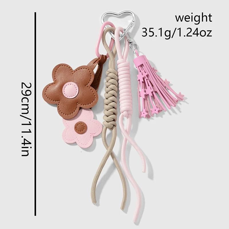 INS Style Korean Sweet Keychain Cute Exquisite Leather Flower Tassel Backpack Decoration Love Star Braided Rope DIY Keychain 250811