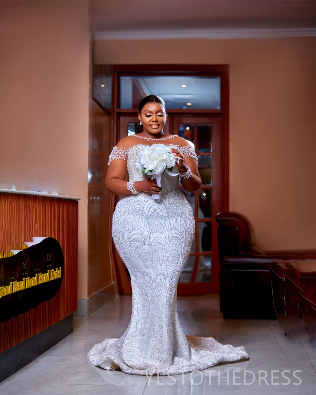 2025 Plus Size Off White African Wedding Dress Bridal Gowns For Bride Mermaid Sheer Neck Beaded Lace Pearls Tiered Pleat Tulle Wedding Gowns For Black