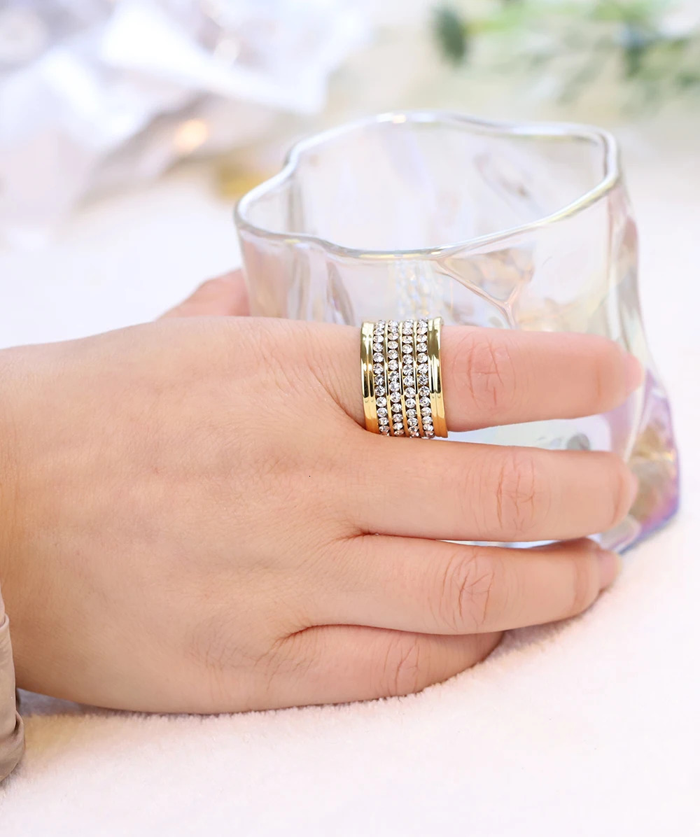 Shining Full 4 Row Crystal rhinestone jewelry accessories rings Gold Color Stainless Steel Couple Wedding rings for men and Wome 250811