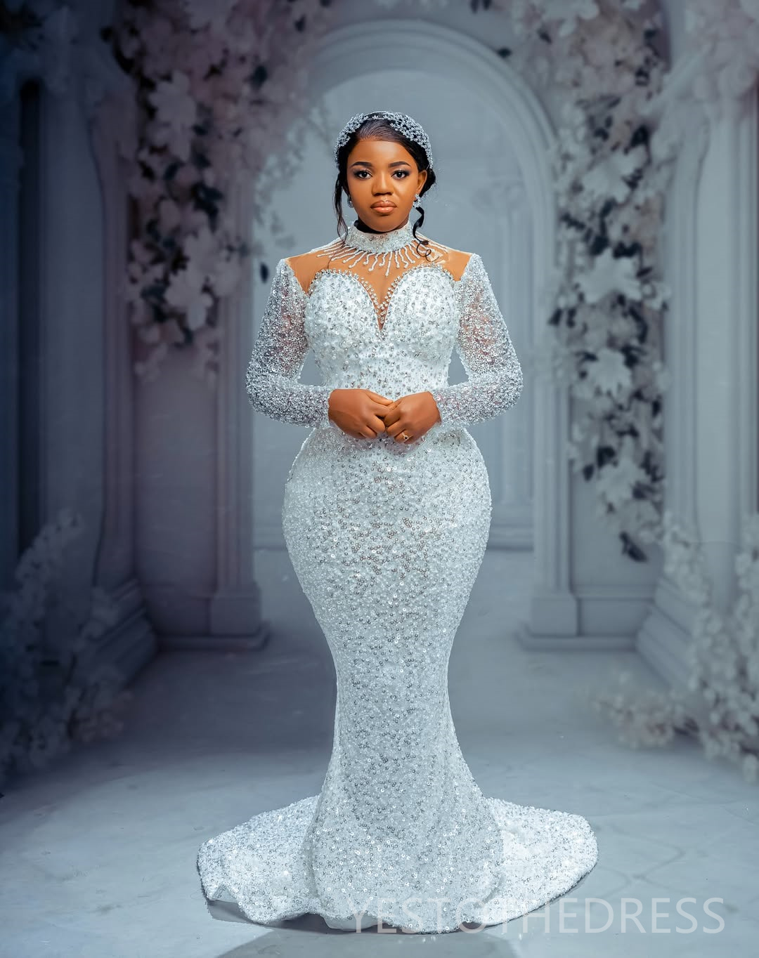 Arabic Aso Ebi Plus Size Off White Mermaid Wedding Dresses 2025 High Neck Sequined Lace Pearls Beaded Floral Lace Luxurious Vintage Bridal Gowns Dress