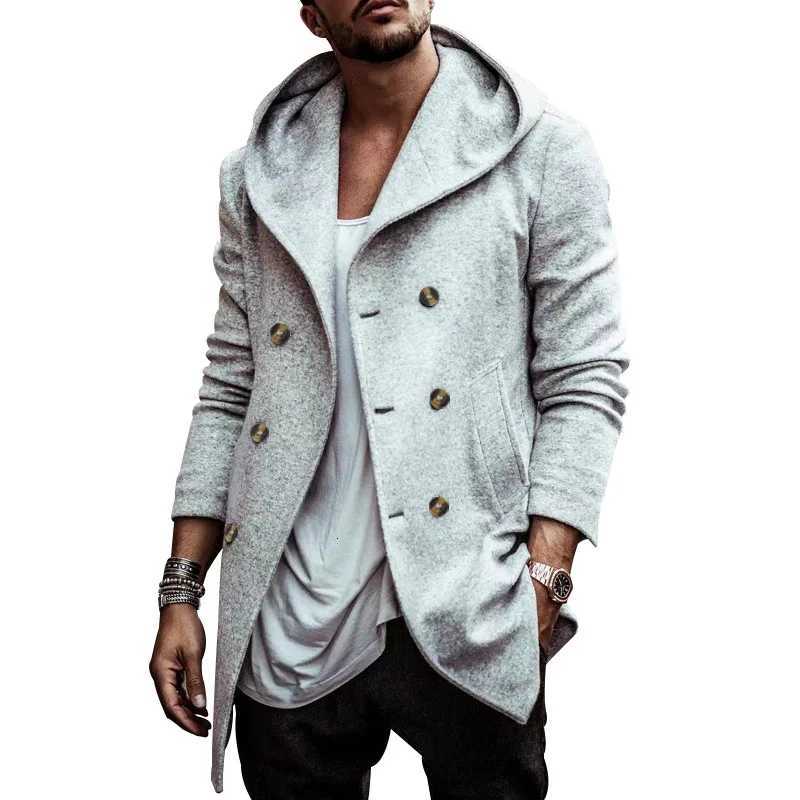 Mens Medium and Long Lapel Hooded Composite Space Cotton Double-Breasted Casual Trench Coat W250815