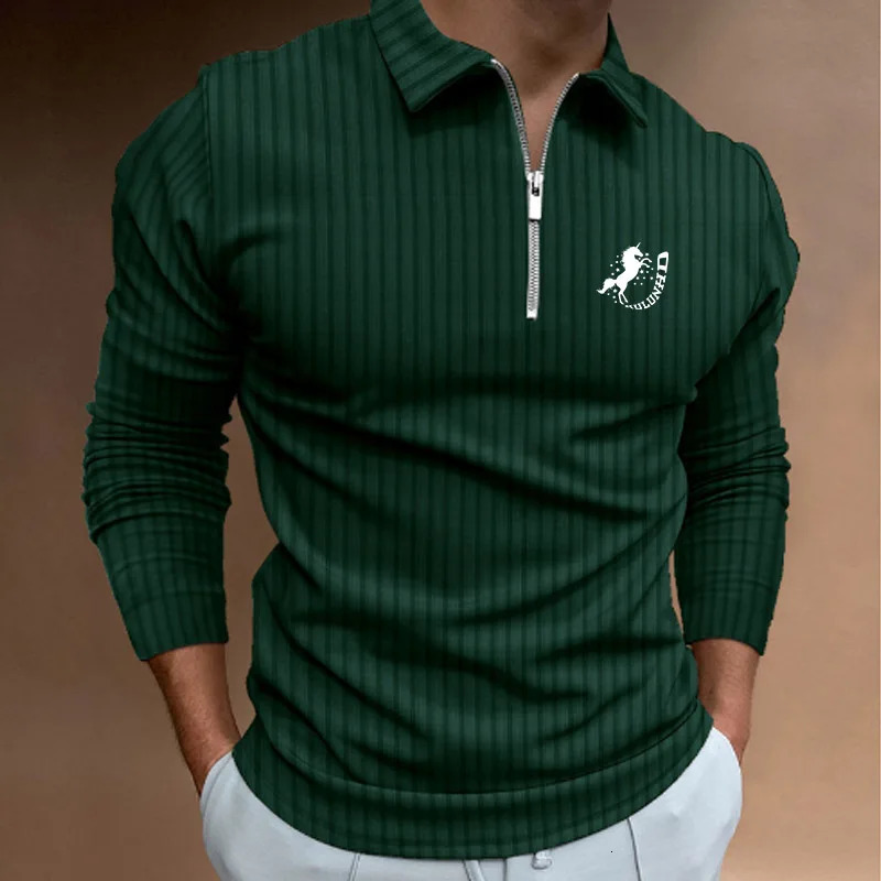 Trending Men Long Sleeve Casual Print Stripe Zipper Polo Shirt Golf 250814
