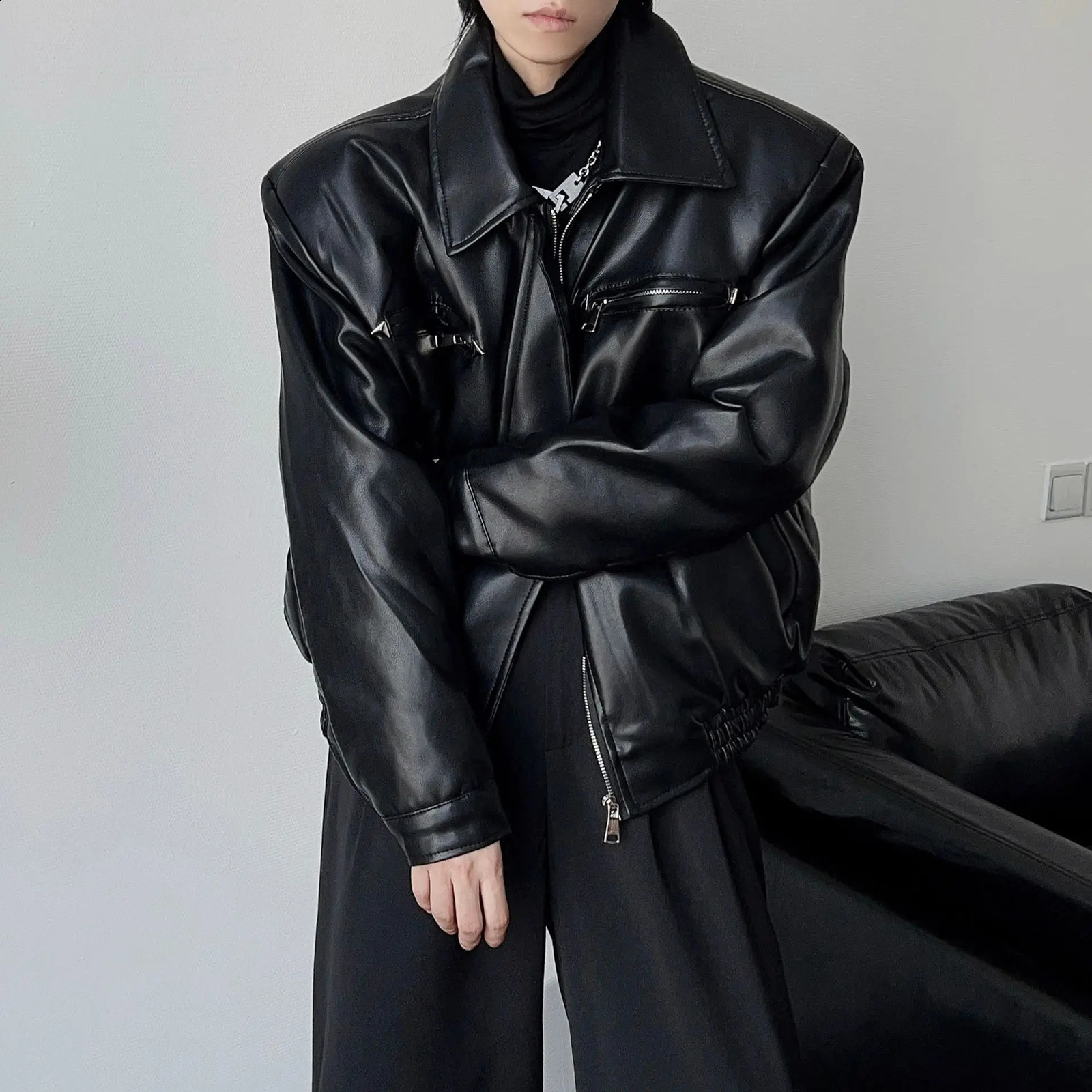 American PU Leather Coat Bomber Jacket Men Autumn Mens Lapel Zipper Biker Clothing Streetwear 250814