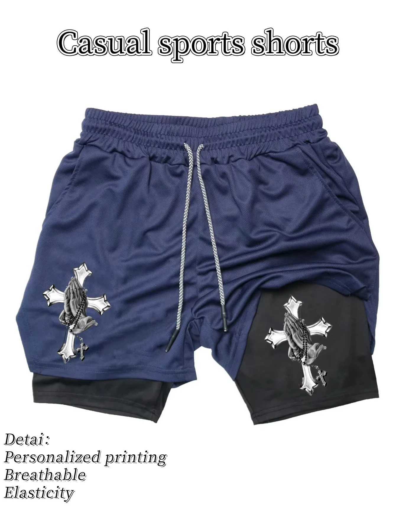2025 fast drying double-layer sports shorts breathable summer mens modern lightweight running with Jesus print design Y250814