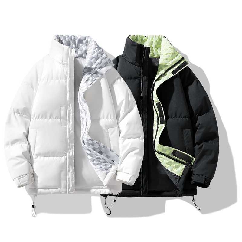 Mens Cotton-Padded Winter Thickened Warm Checked Stand-Up Collar Jacket Fashionable Windproof Loose Parka Coat W250815