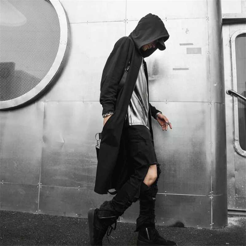 Spring Autumn Men Ribbons Patchwork Punk Hip Hop Long Trench Coat Hooded Cloak Men Black Zipper Techwear Long Jacket Overcoat W250815