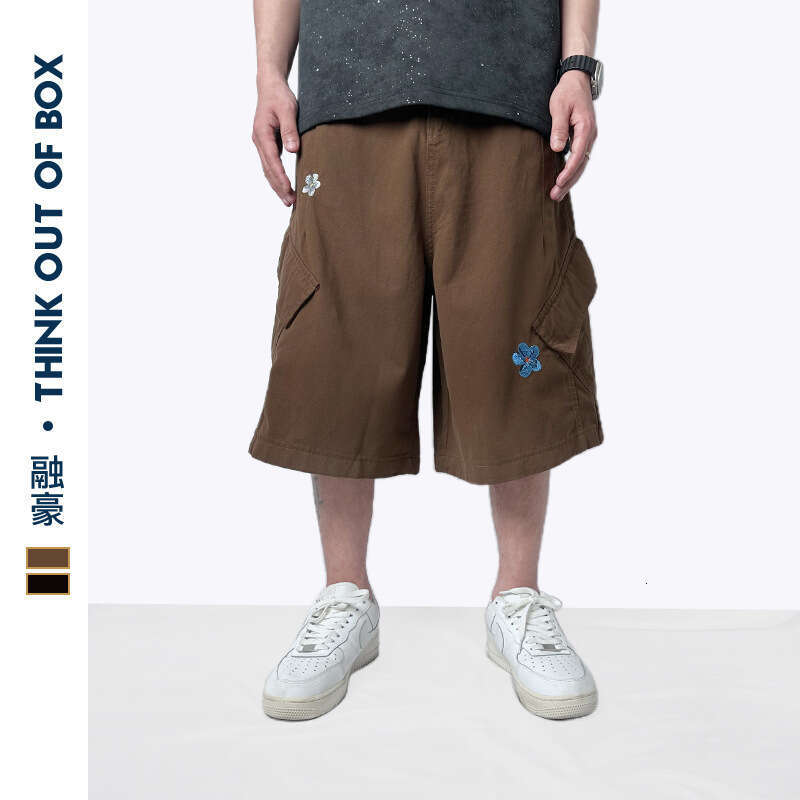 American Floral Embroidery Seven-Point Casual Cargo Wide-Leg Loose Versatile Large Pocket Couple Style Shorts B5