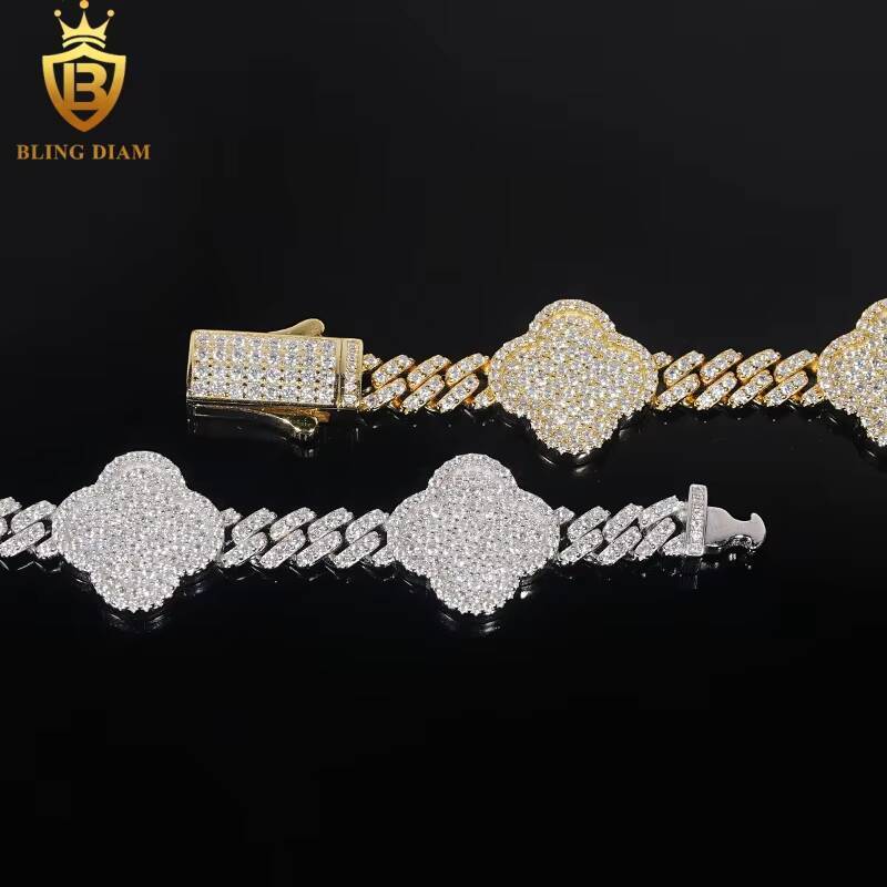 Luxury Charms Bangle Jewelry 6mm 925 Sterling Silver Rose Gold Vvs Moissanite Four-Leaf Clover Bracelets for Men Women