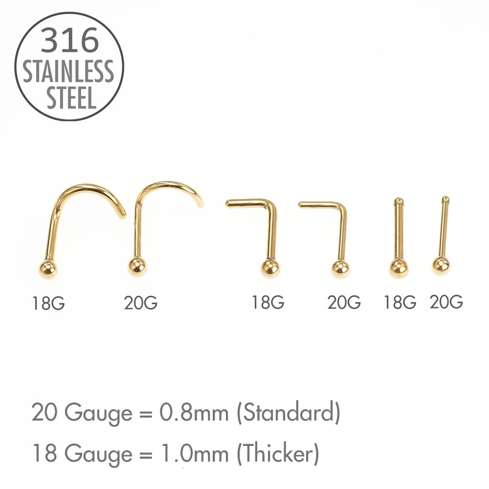 10Pcs Nose Rings Set for Women Screw Bend Bone Nostril Stud Piercings Jewelry 316 Stainless Steel 0.8mm 1.0mm 18g 20g 250807