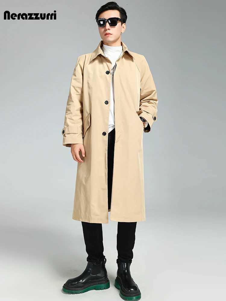 Nerazzurri Spring Autumn Long Khaki Coat Men Turn-down Collar Single Breasted Casual Loose Korean Fashion Clothes Overcoat W250815
