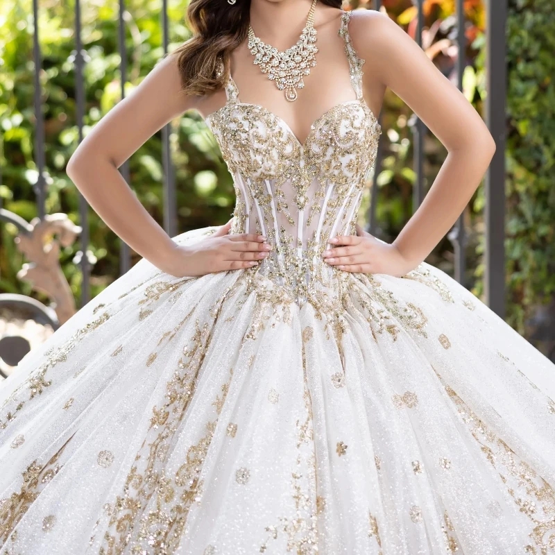 Champagne Shiny Ball Gown Quinceanera Dresses Spagheti Strap Sequin Applique Lace Beads Tull With Cape Party Birthday Vestidos