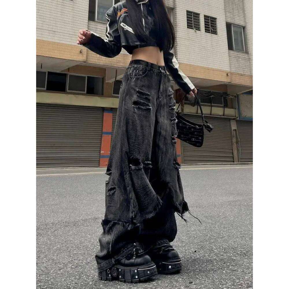 American Vintage Y2k Aesthetic Slim Long Denim Pants Personality Spliced Hole Design Punk Jeans All Match Baggy Wide Leg Pant