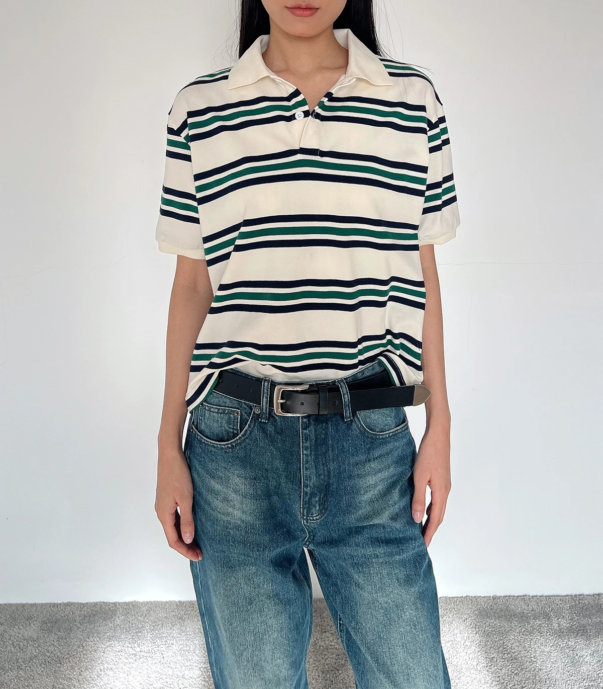 Summer Vintage Polo Shirts Woman Long Sleeve Crop Top Women Brown Stripe Streetwear Casual Tops Loose Mujeres 250814