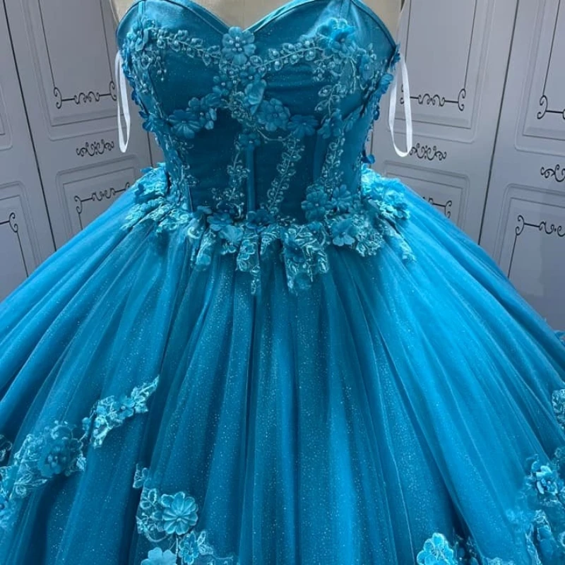 Blue Shiny Princess Sweet 16 Dress Quinceanera Dresses Off The Shoulder Applique Lace Tull Party Birthday Vestido De 15 Anos