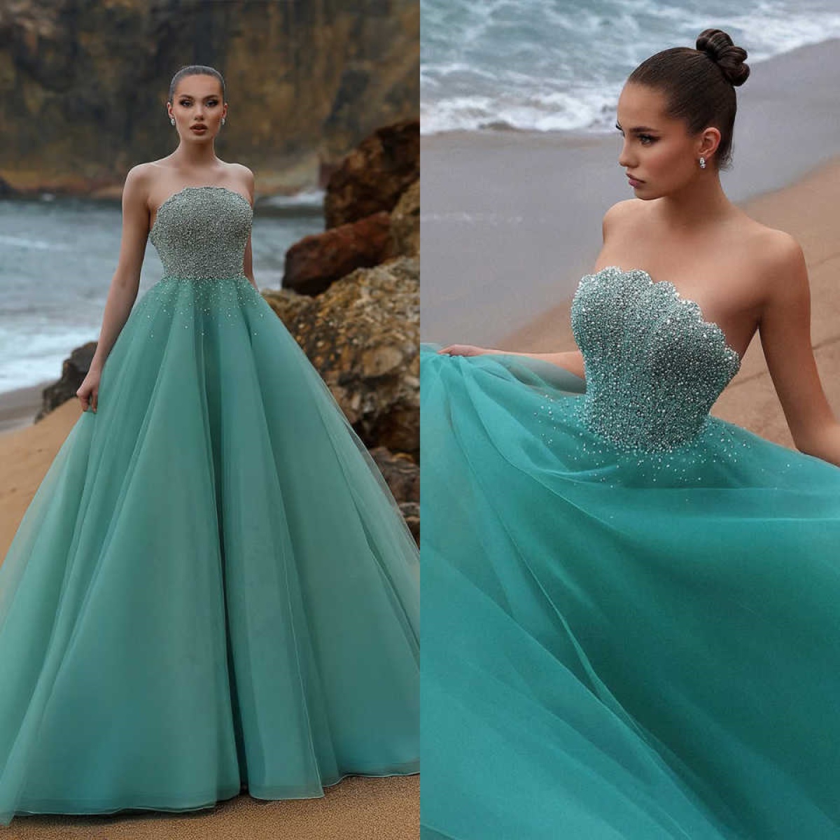 Graceful Evening Dresses Strapless Sleeveless A-Line Pearls Crystals Prom Ball Gown Party Dresses Vestido De Noite Customized