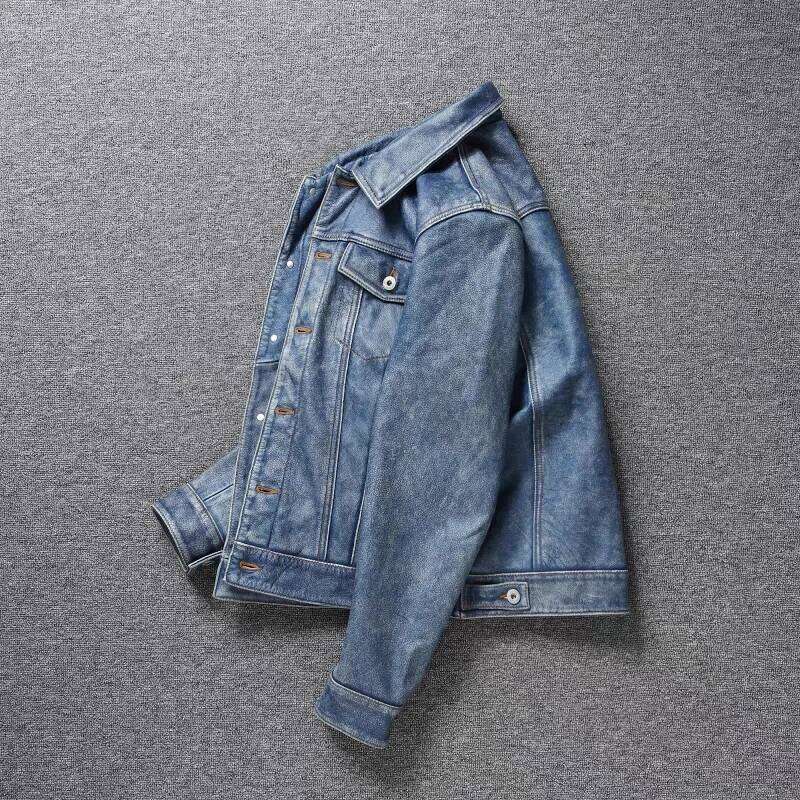 Designer Clothing 2025 Men's Motorcycle Light Blue Ami Khaki Retro Graphite Distressed Denim Genuine Leather Slim Short Jacket