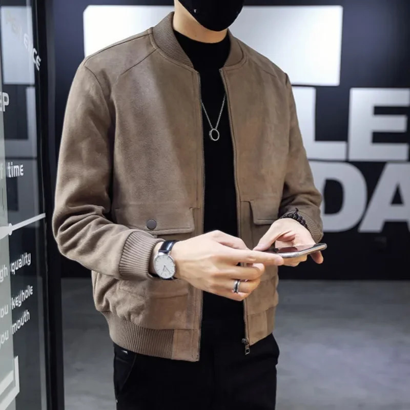 Mens Bomber Suede Leather Jackets Baseball Winter Sales of Slim Fit Male Cargo Coats Solid Color Harajuku Clothing Fashion 250808