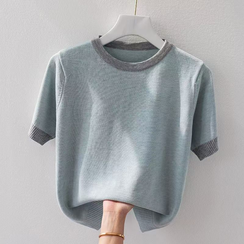 K1655 2025 Summer New Ice Silk Short Sleeve Shirt Women's Contrast Color European Goods All-match Round Neck Loose Knitted Bottoming Shirt Top