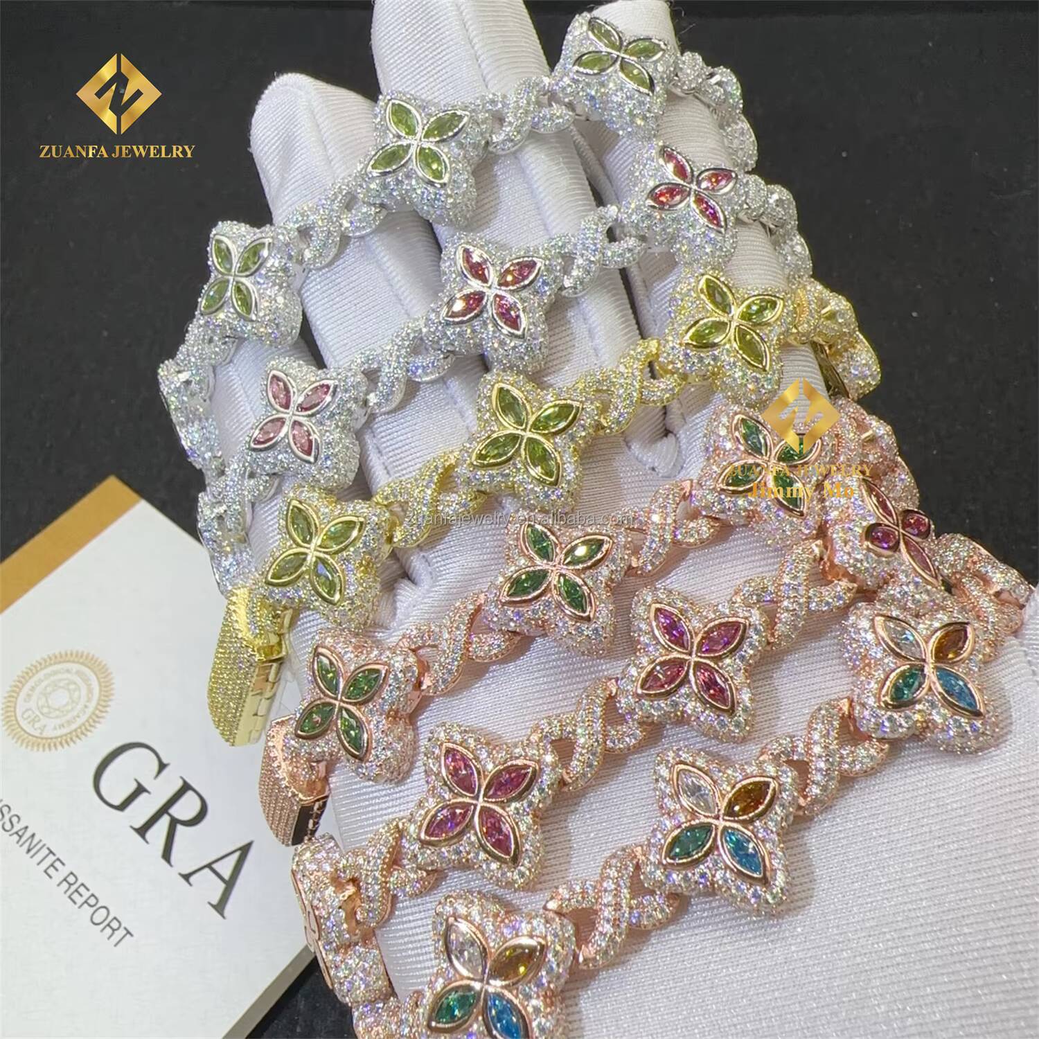 Fashion Jewelry New Arrivals Iced Out Hip Hop Jewelry S925 Silver Moissanite Diamond Four Cleef Clover Cuban Bracelet Men