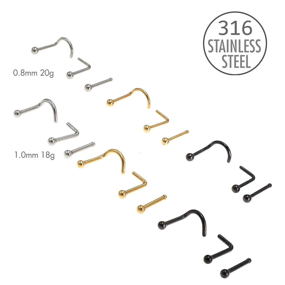 10Pcs Nose Rings Set for Women Screw Bend Bone Nostril Stud Piercings Jewelry 316 Stainless Steel 0.8mm 1.0mm 18g 20g 250807