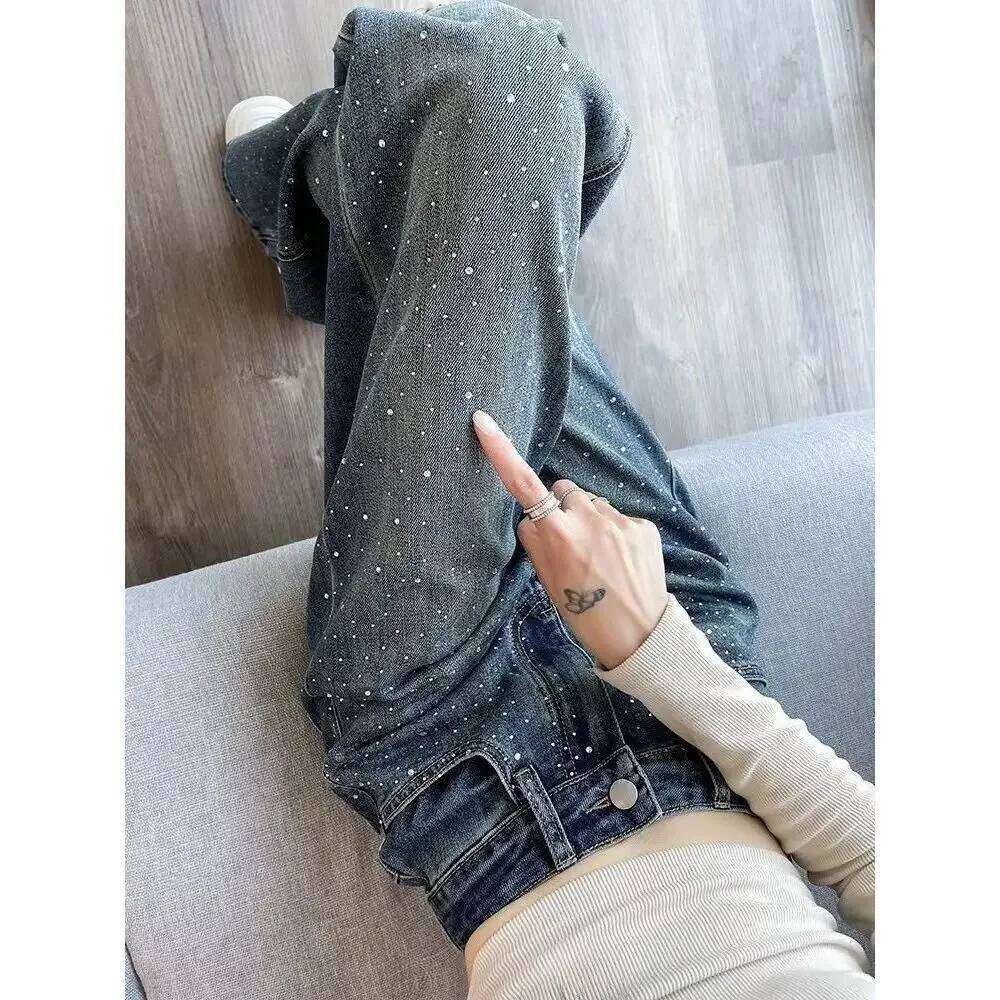 Autumn Clothing Rhinestone Pendant Design High Waist Wash Jeans Women's Loose Slimming Straight-Leg Pants