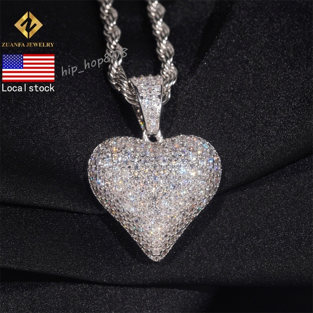 USA Stock Fine Jewelry Hip Hop VVS Diamond Necklace Solid 925 Sterling Silver Moissanite Iced Out Heart Pendant