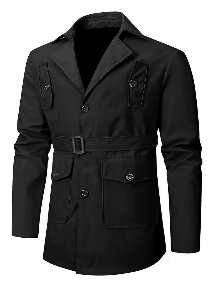 EU Size Mid-Length Single-Breasted Trench Coat Men Black Classic Elegant Windbreaker Stylish Loose Windproof Mens Jacket Outerwear W250815