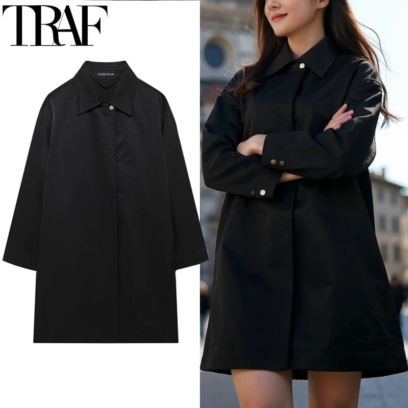 TRAF Black Trench Coat For Women Autumn Oversized Zip Up Overcoat Long Female Casual Windbreaker Sleeve Womens Coats 250805