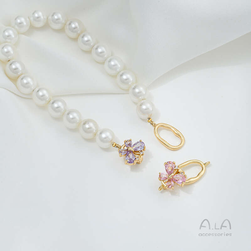 14K Copper Gold Plated Zircon Flower Butterfly Pearl DIY Handmade Necklace Accessories End Clasp