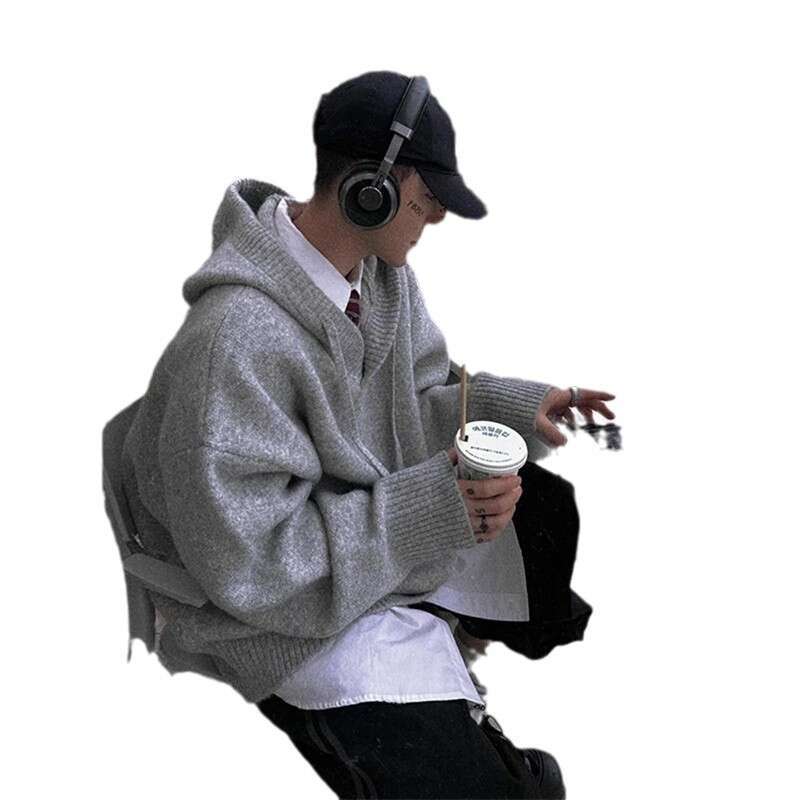 Gray Hooded Knitted Sweater For Men, Autumn And Winter Korean Style, Lazy American Cleanfit Wool Coat B5