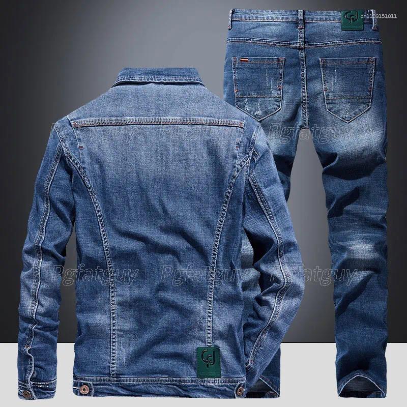 Men's Tracksuits Slim-Fit Denim Business Outfit Two Pieces Of Comfortable Stretch Fabric For Everyday Use Dark Blue Simple Design
