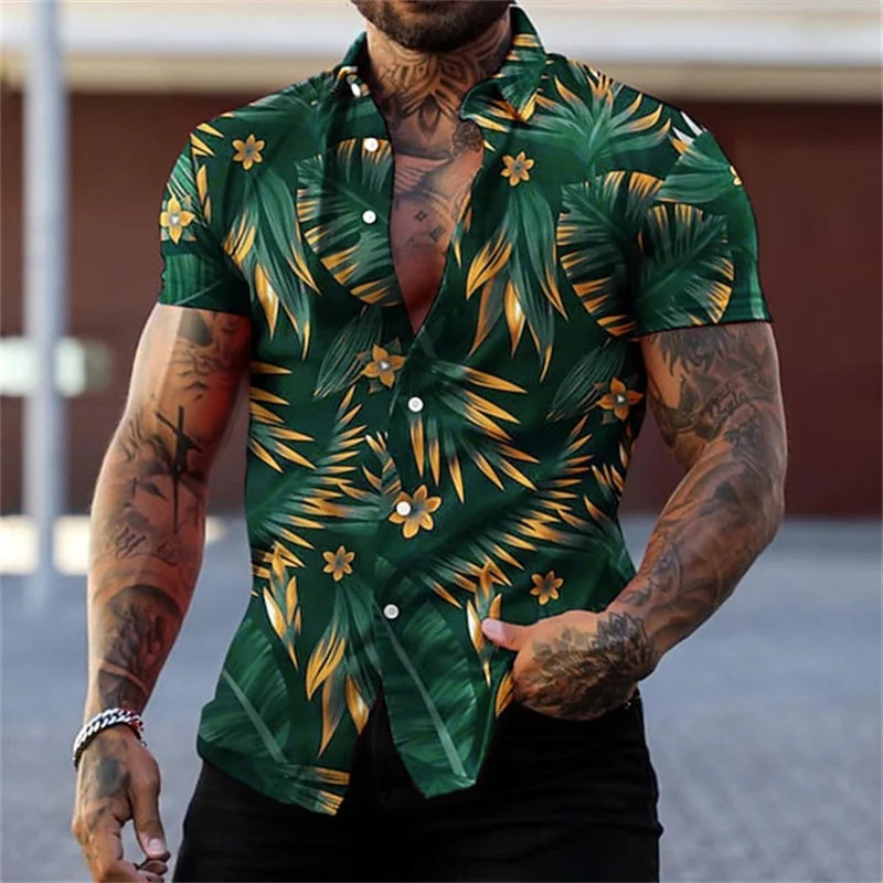 Mens black and gold flower shirts Summer plant print lapel shirt Hawaiian style beach short sleeved button up 250804