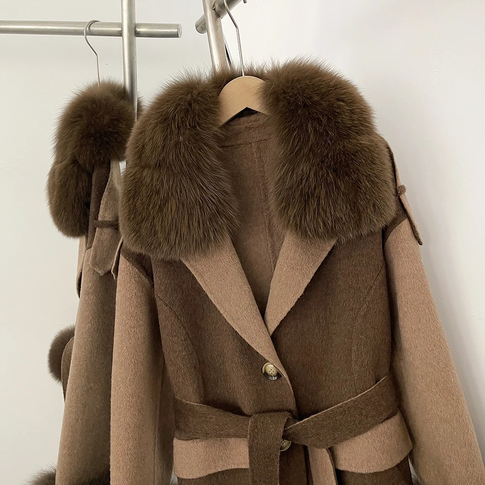 CXFS Autumn Winter Clothing Women Natural Fox Fur Cashmere Double-faced Woolen Jacket Long Single-breasted Belt Wool Coat Female 250811